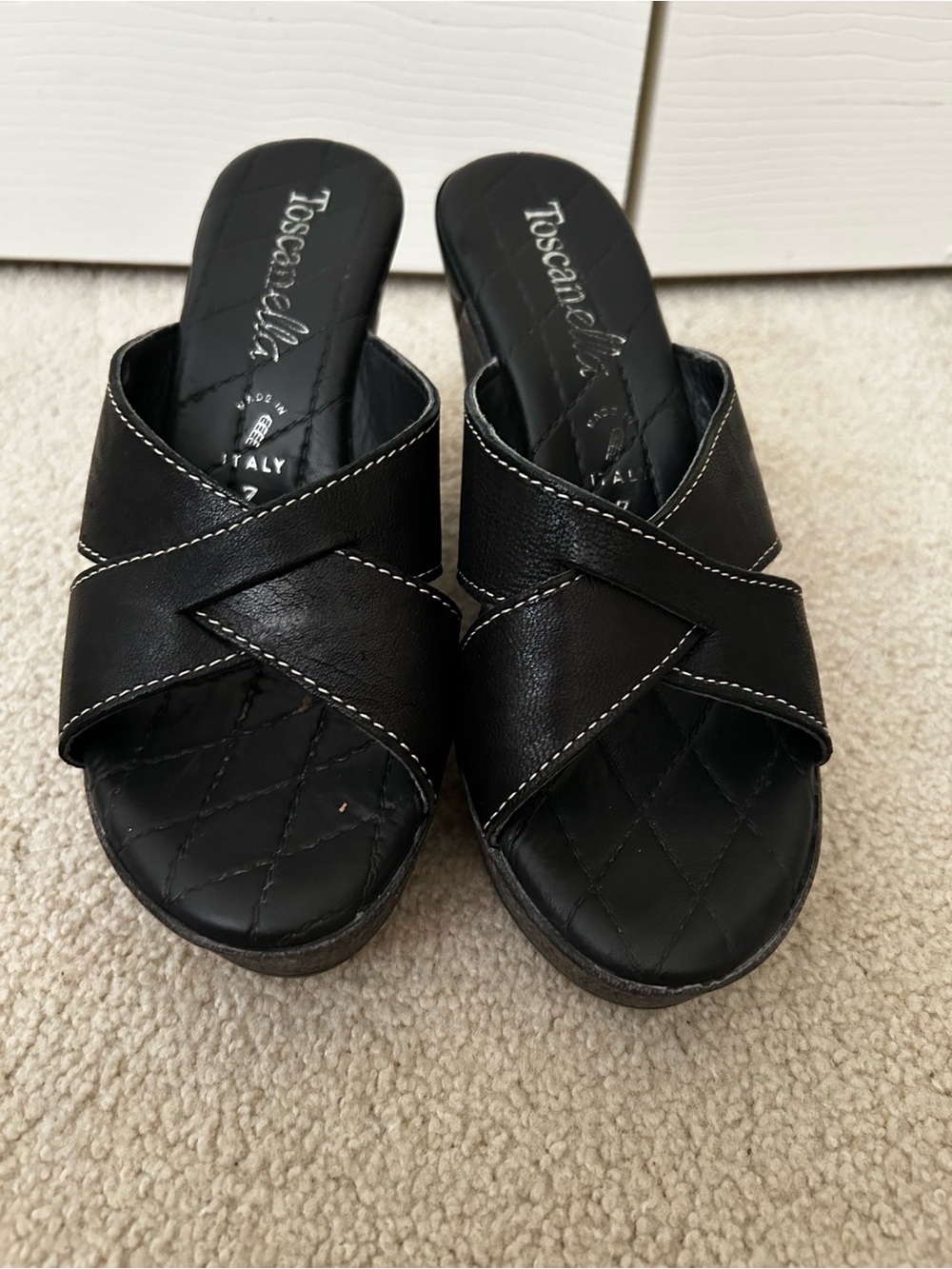 Toscanella Black Leather Crossband Wedge Slides